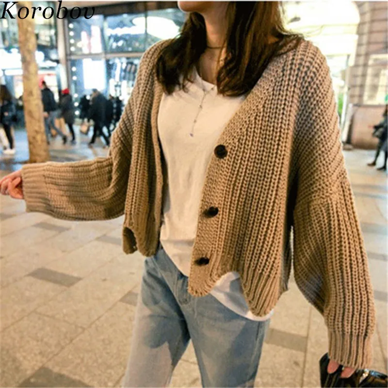

Korobov Sweater Women New Arrival Sweaters V-Neck Single Breasted Jumper Batwing Sleeve Irregular Knitwear Tops 76282