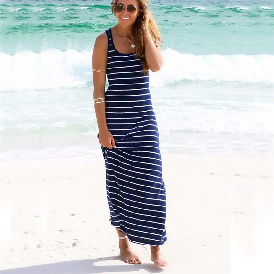 Женское Полосатое Свободное длинное платье без рукавов пляжный Сарафан