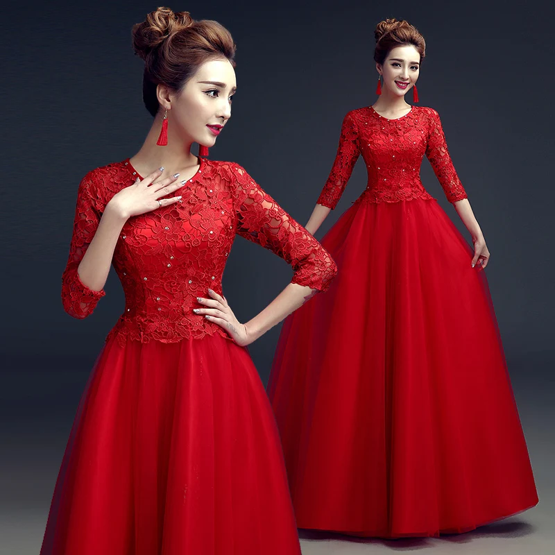 2015 New Design Elegant O neck Long Sleeve Prom Dresses Red Lace And ...