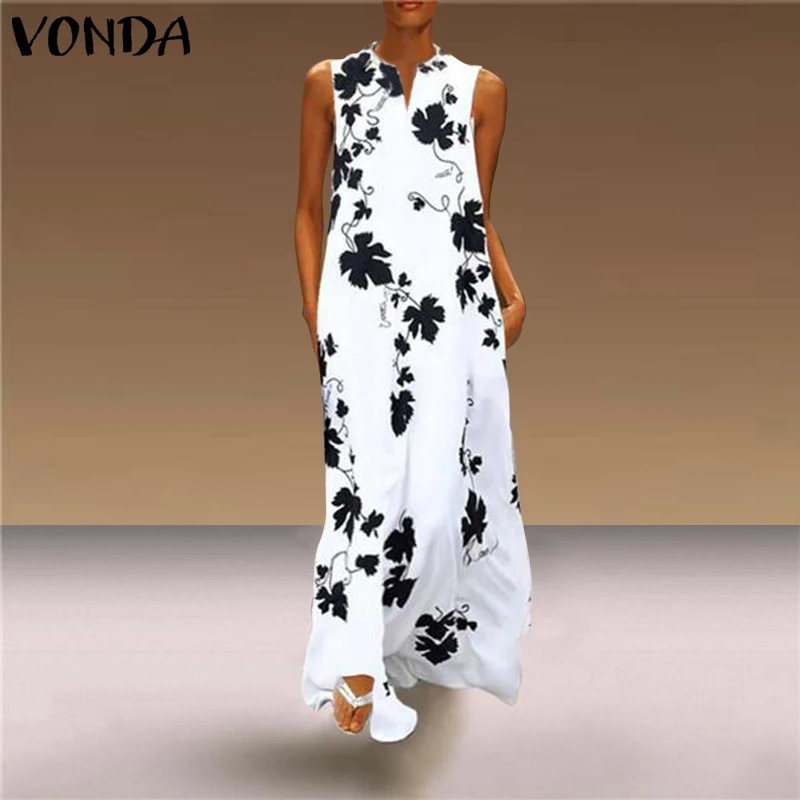 VONDA Для женщин Мода лиственным принтом Винтаж в богемном стиле летнее платье с v-образным вырезом без рукавов Повседневное платье для будущих мам, с большими карманами, длинный Vestidos