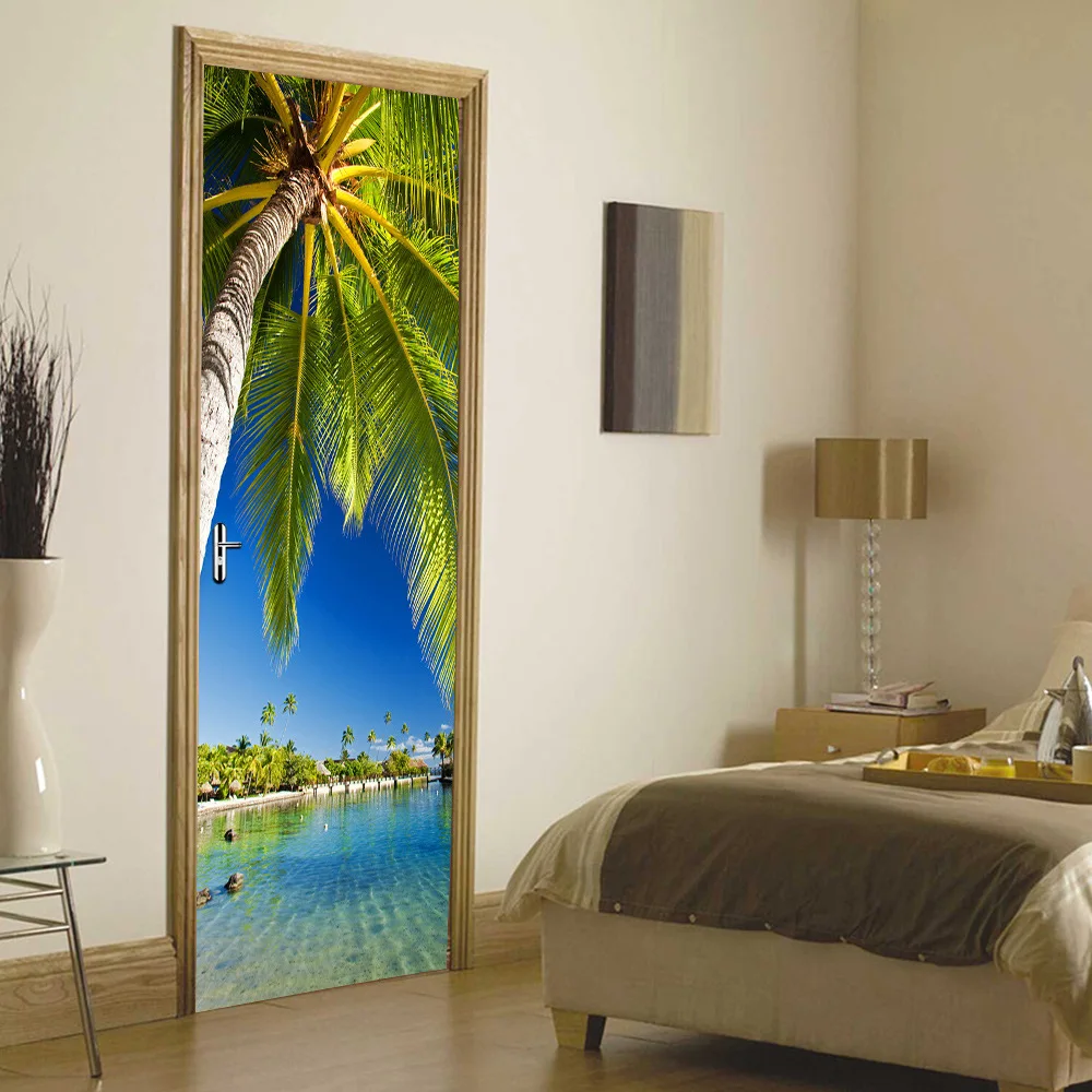 

Blue Sky Palm Tree Door Stickers Bedroom Decoration Self Adhesive PVC DIY Renovation Decal Elegant Scenery Door Murals Wallpaper