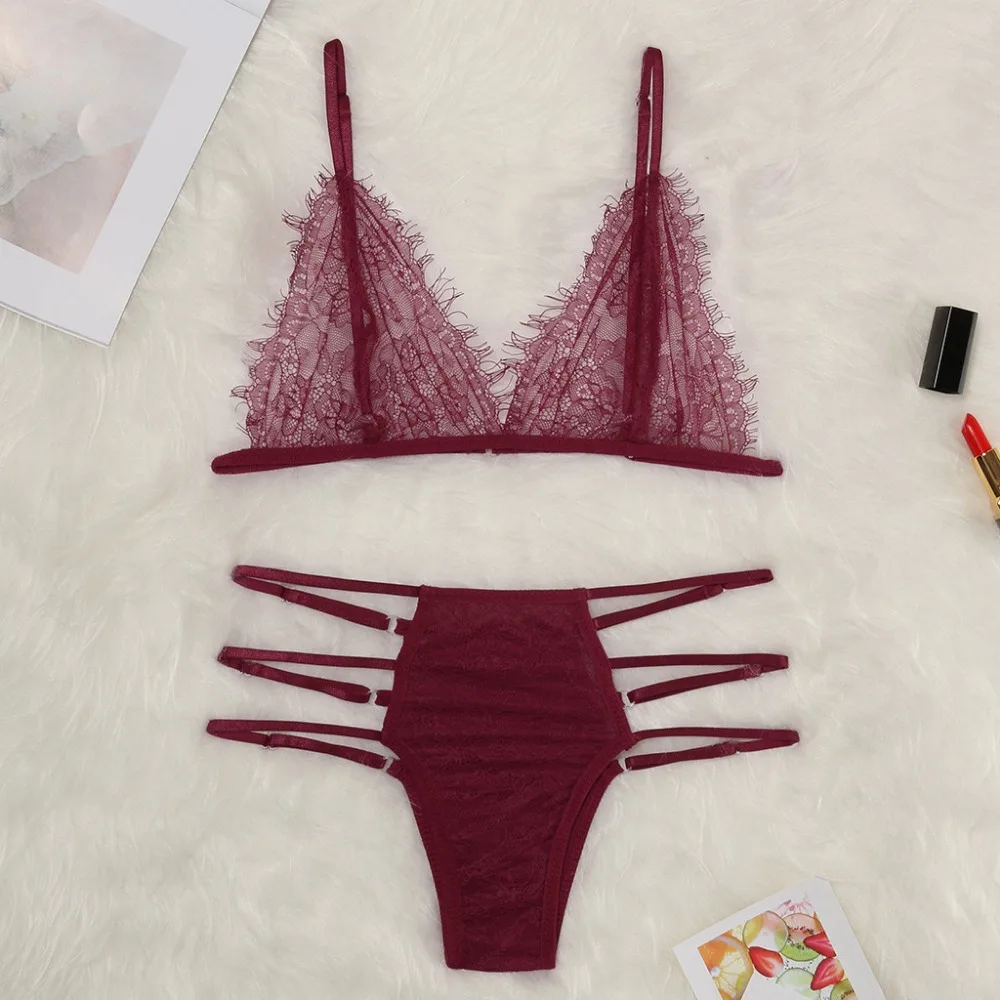 

Sexy Eyelash Lace Lingerie Set Wine Red Hollow Out Erotic Underwear Bra Brief Sets Perspective Sleepwear Temptation Intimates