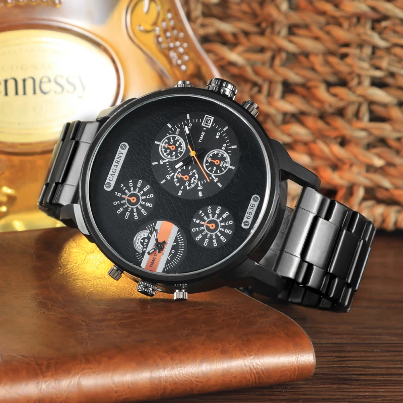 drop shipping top luxury brand cagarny black watch for men dual time zones military watch men (2)