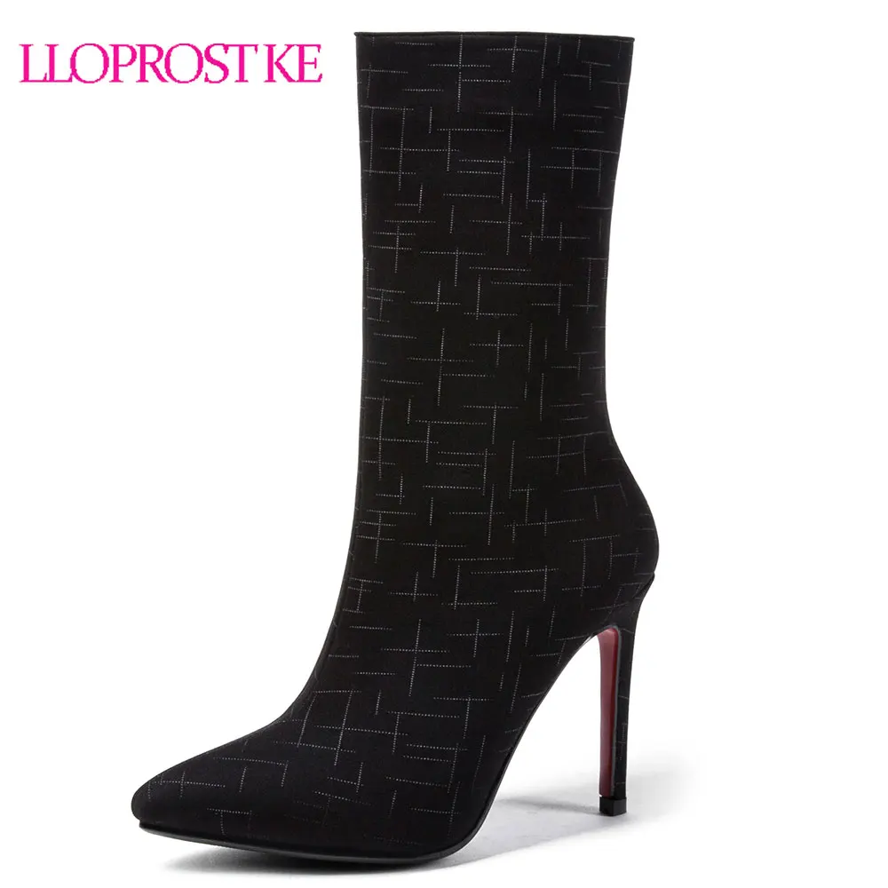 

Lloprost ke Autumn Winter New Black Fashion Thin High Heels Mid Calf Boots Female Zipper Half Boots Shoes Woman Size 33-43 D327