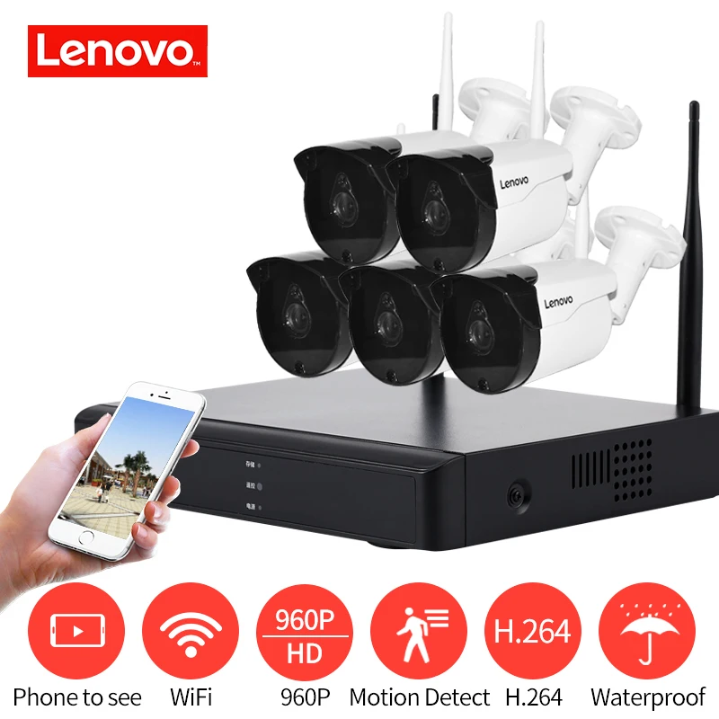 

LENOVO 5CH Array HD Wireless Security Camera System DVR Kit 960P WiFi camera Outdoor HD NVR night vision Surveillance camera