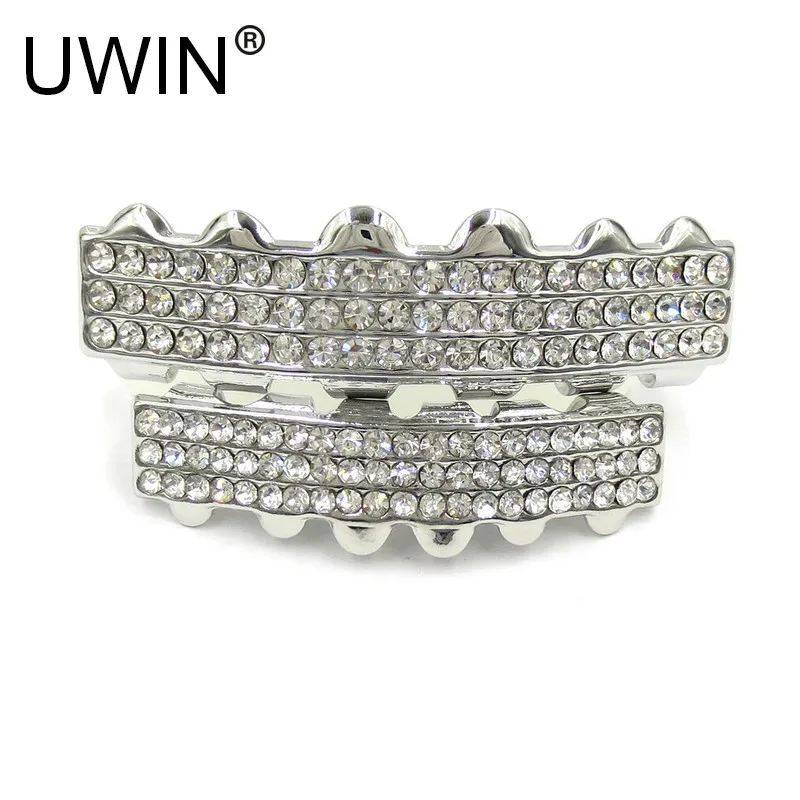 

UWIN Silver Color 3 Row Full CZ Rhinestone Hip Hop Teeth For Mouth GRILLs Caps Top & Bottom Grill Silver Set vampire teeth