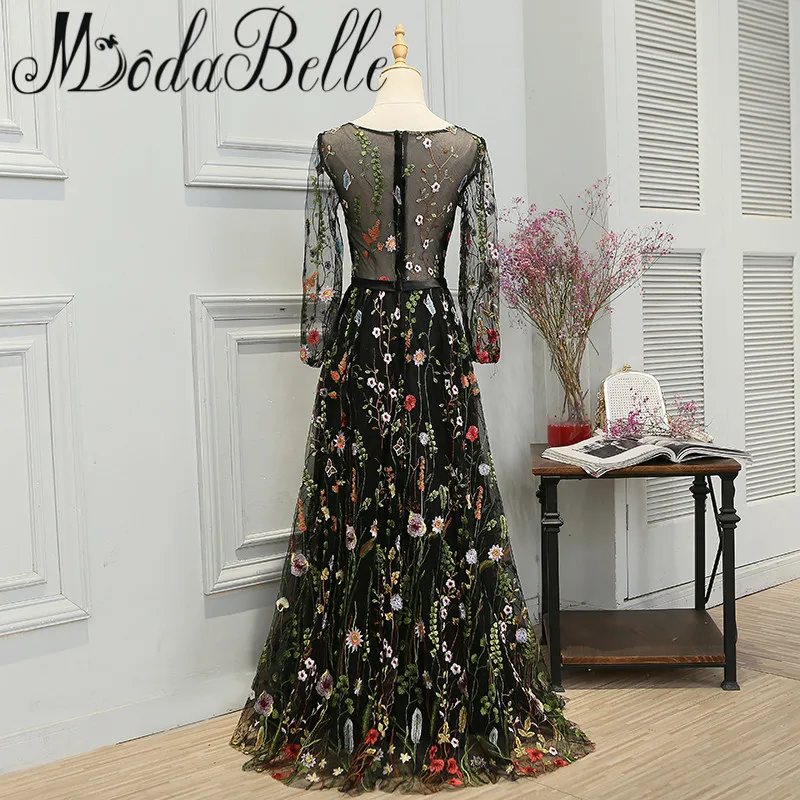 Modabelle/новейшее стильное Черное длинное платье для выпускного вечера es Ballkleider с длинным рукавом, Прозрачное платье с цветочным узором на спине, Платье трапециевидного силуэта, праздничное платье