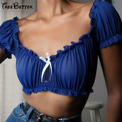 Puff Sleeve V Neck Bow Patchwork Backless Chffion Short Tops Beach Swimwear Summer Women 2019 Puff Sleeve V Neck Bow Patchwork Backless Chffion Short Tops Beach Swimwear Summer Women 2019