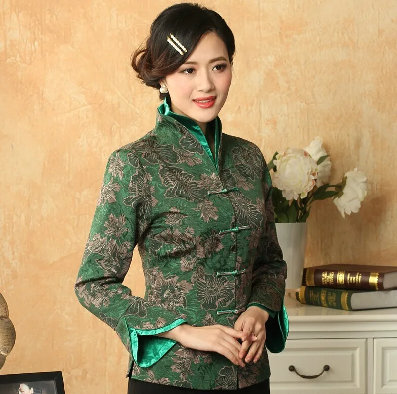 Светло-зеленый Традиционный китайский стиль Для женщин v-образным вырезом пальто куртки Цветы Размеры размеры s m l xl XXL, XXXL