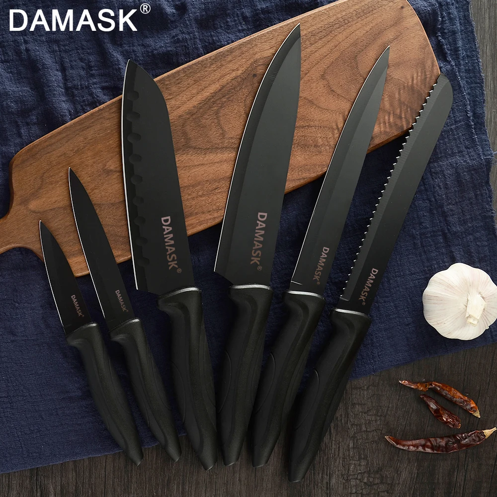 DAMASK German Kitchen Knife 3Cr13 Black Steel Knives Bread Slicing Chef