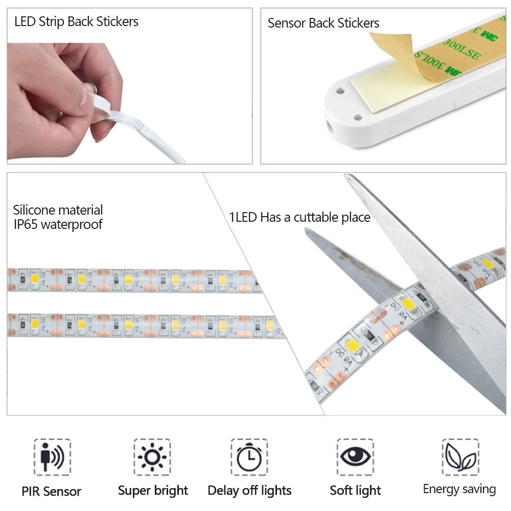 Беспроводной PIR датчик движения светодиодный шкаф для кровати ночной Светильник 5 в 2835 Светодиодная лента питание от батареи типа ААА Гибкая лампа освещение 1 м 2 м 3 м