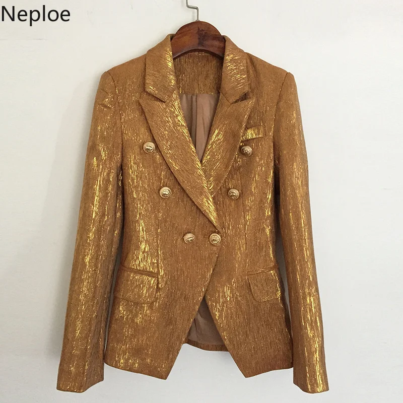 Nepole Fashion Shinny Lurex Golden Blzaer 2020 Spring Autumn Double Breasted Elegant Women Coat Metal Buttons Solid Ol Top 42723 | Женская
