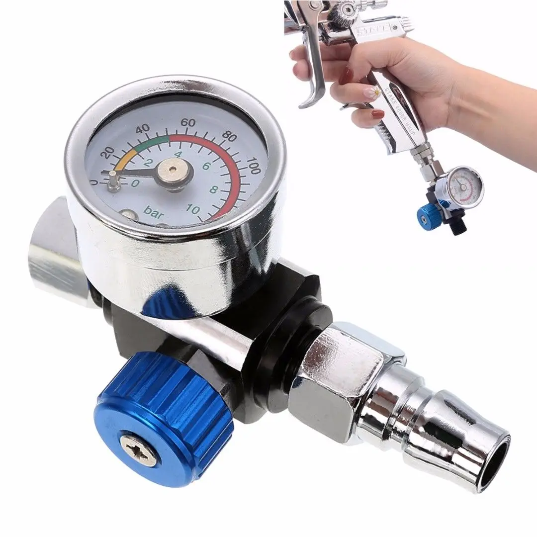 

1/4" Mini Air Regulator Valve Tool Metal Air Regulator 1/4" BSP Threads Tail Pressure Gauge w/ Nozzle For Spray Tool Mayitr