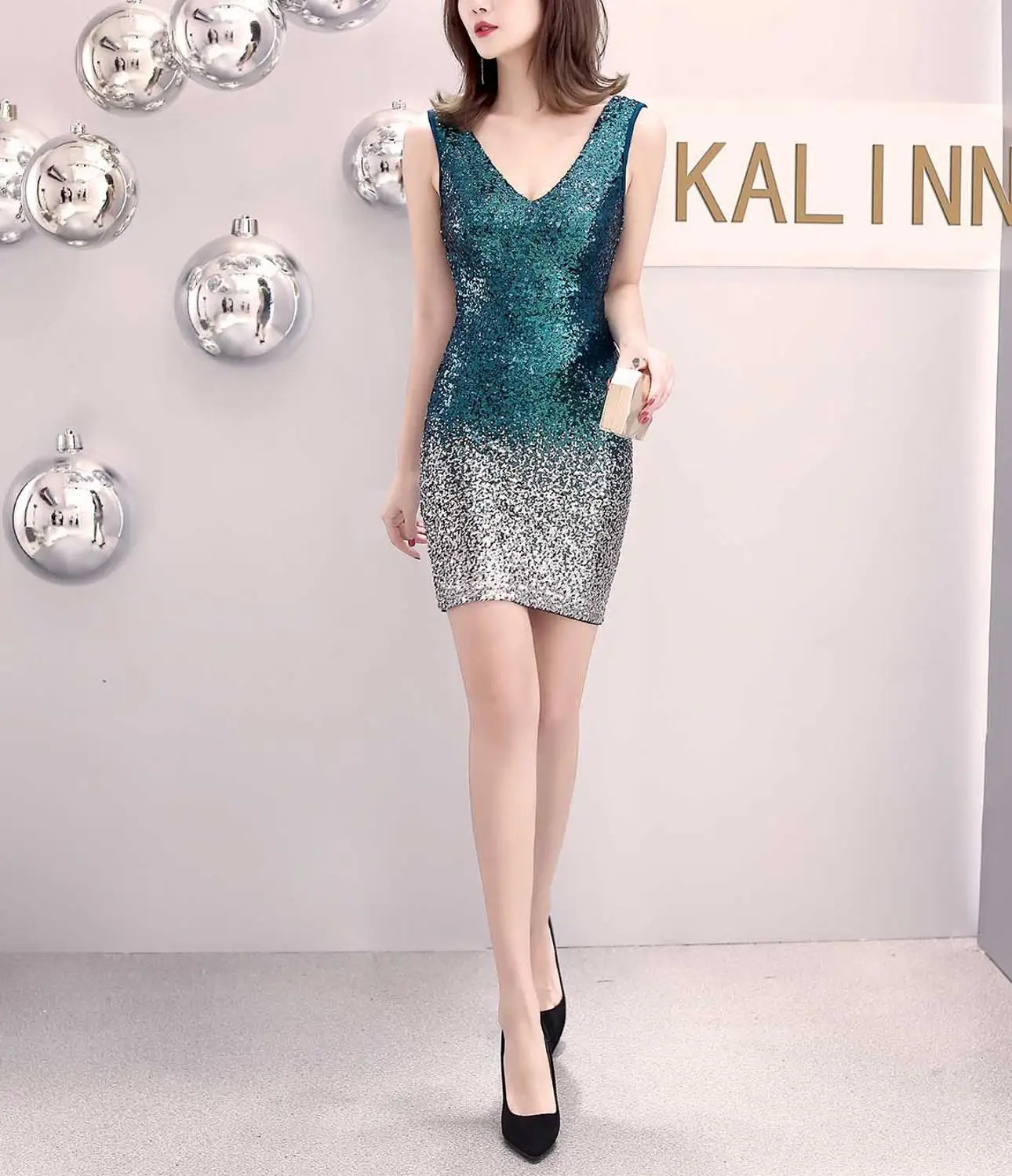Solovedress короткое с двойным v-образным вырезом блестящее женское элегантное вечернее платье с блестками градиентного цвета вечернее платье De Soiree - Цвет: Teal