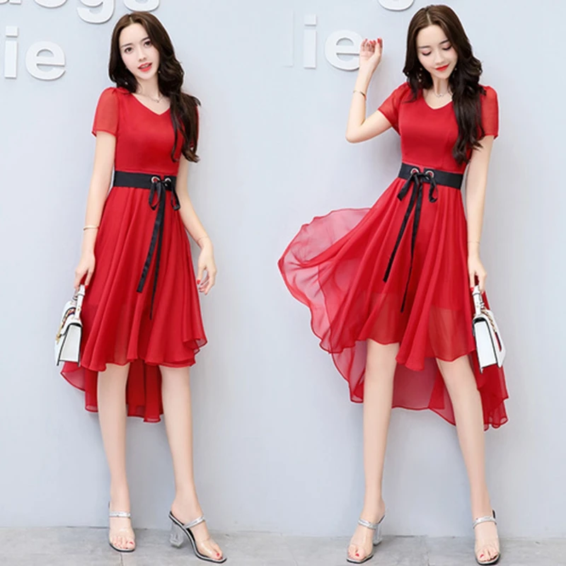 

Summer Chiffon Dress Women Fashion V-neck Irregular Pleated Chiffon Party Dress Ladies office OL Elegant Slim Long Beach Dress