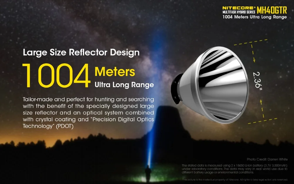 Lanterna por 18650 Nitecore Lanterna Cree Xp-l oi v3 1200 Lúmen 1004m Caça Busca Tocha Bateria Mh40gtr Led 3 Luzes e Iluminação