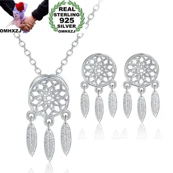 

OMHXZJ Wholesale Personality Fashion OL Woman Girl Silver Feather 925 Sterling Silver Stud Earrings + Necklace Jewelry Set SE06