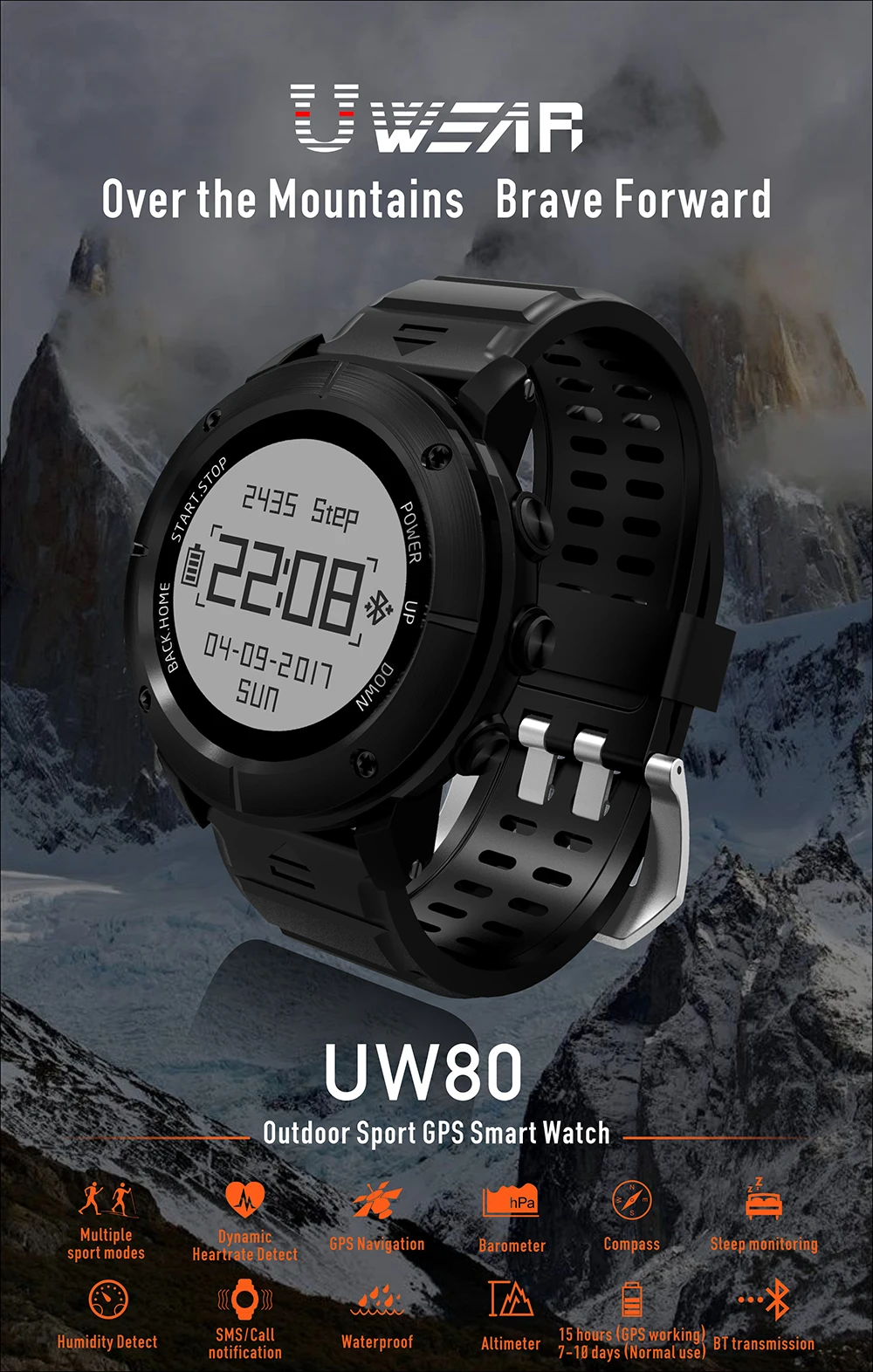 Uwear UW80 1.2 ''OLED из нержавеющей стали smart bluetooth V4.0 GPS часы Спорт на открытом воздухе 10 м водонепроницаемый вызывает сообщение напоминание