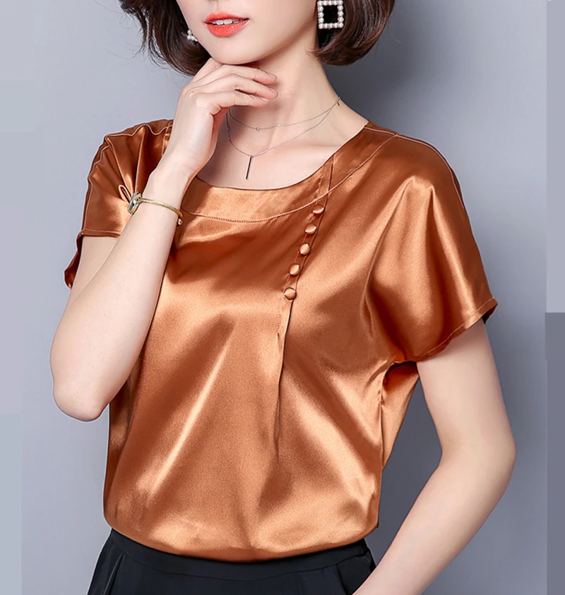 

Womens Tops and Blouses Solid Silk Women Blouses Women Short Sleeve Shirts korean fashion clothing blusas femininas elegante