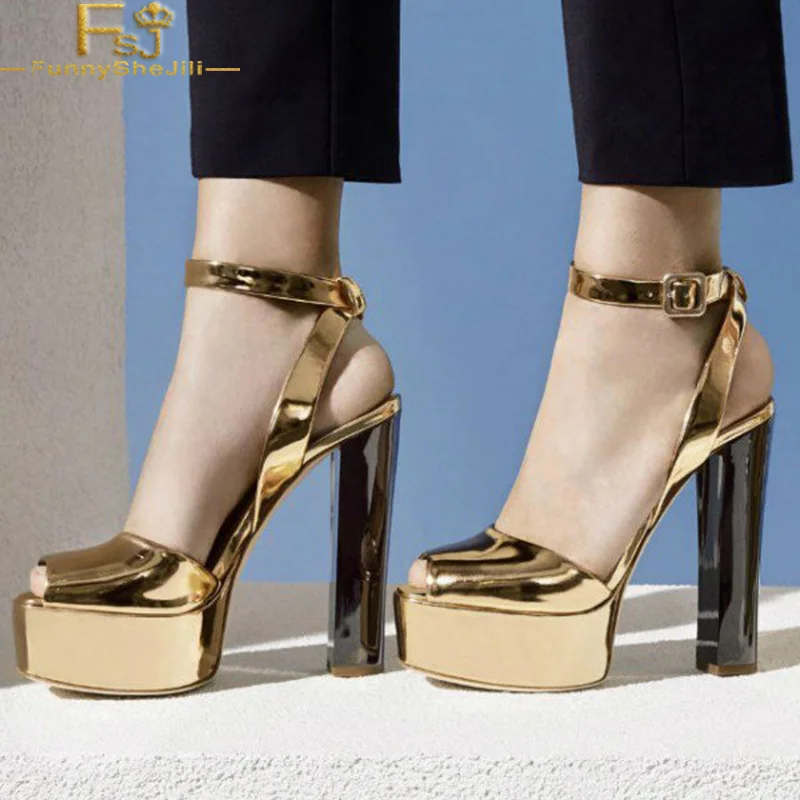 

FSJ Retro Shining Woman Autumn Golden Chunky Heels Platform Sandals Peep Toe Slingback Sandals Party Dress Evening Girls Size