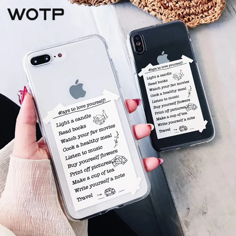 

WOTP Clear Soft TPU Simple Notes Phone Case For iphone X Cute Cartoon Letter Sticky Notes Back Cover For iPhone 7 6 6S 8 Plus