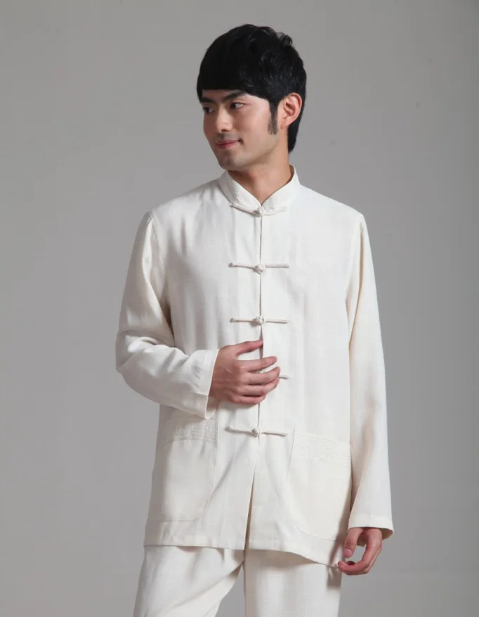 Высококачественное бежевое китайское мужское хлопковое белье рубашка Кунг-фу летний костюм с длинными рукавами Hombre Camisa Размер S M L XL XXL XXXL 2352-F - Цвет: Бежевый