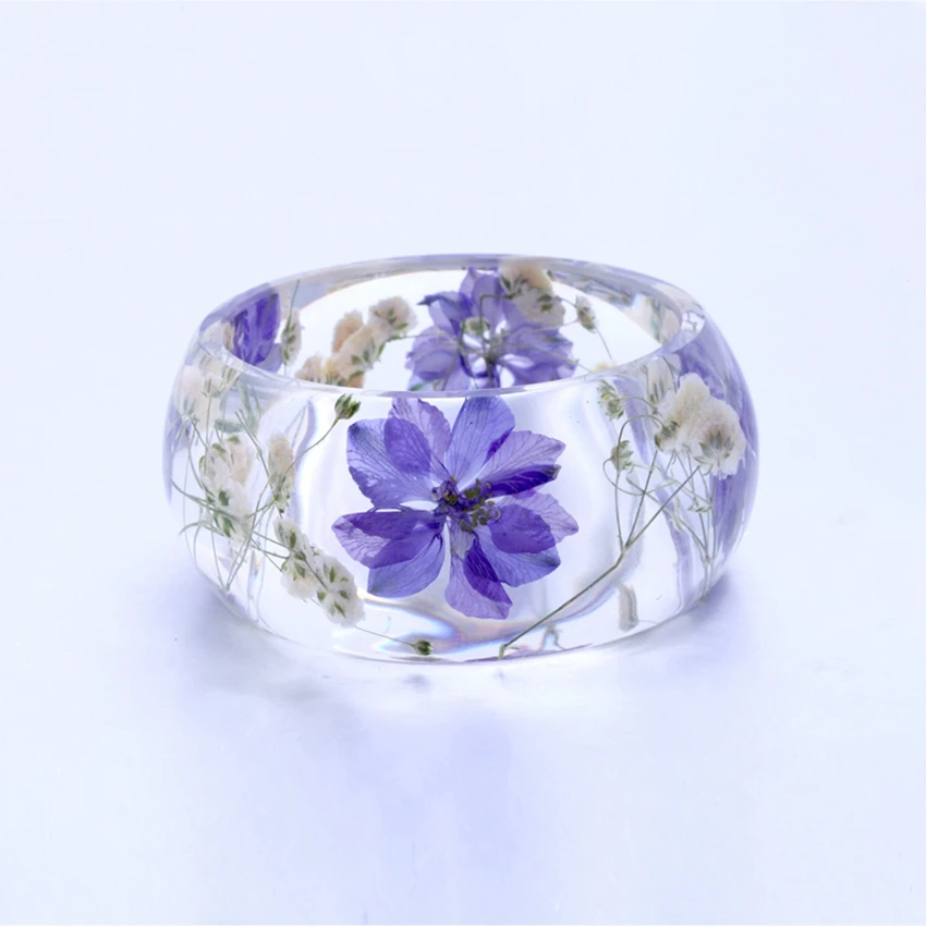 

Trendy Resin Bangles Transparent Purple Flowers Crystal Bangle Bracelet for Women Pulseras Mujer Natural Summer Jewelry 2017