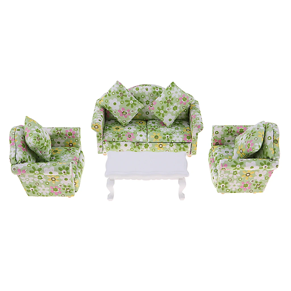 8pcs 1/12 Scale Dollhouse Miniatures Living Room Furniture Floral Single Double Sofa Chair Tea Table Green