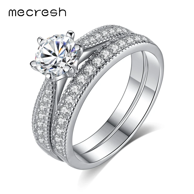 Mecresh Classic 925 Sterling Silver Engagement Ring Set For Women Two Band Stackable CZ Anel 