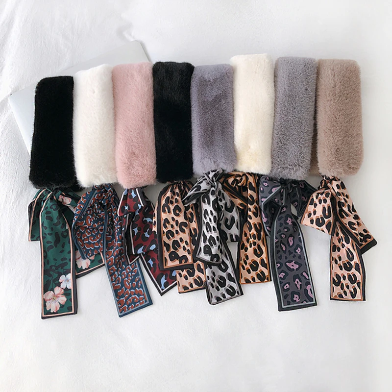 

Luna&Dolphin Women Rabbit Hair Scarves 159X9cm Leopard Ribbon Faux Fur Collar Warm Winter Neckchief Korean Collar Lady Scarves