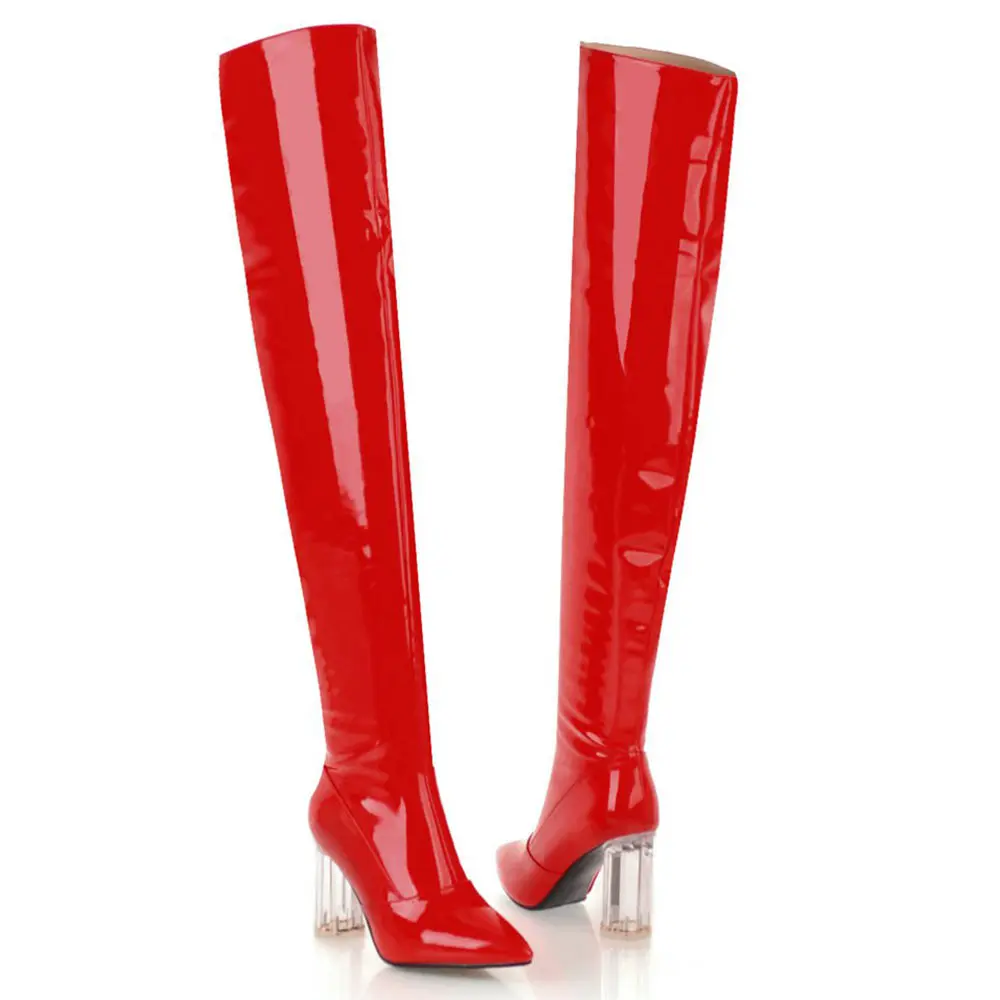 Lasyarrow/женские облегающие высокие сапоги пикантные ботфорты на высоком каблуке серебристые женские сапоги высокие сапоги из лакированной кожи красного и черного цвета - Цвет: Red