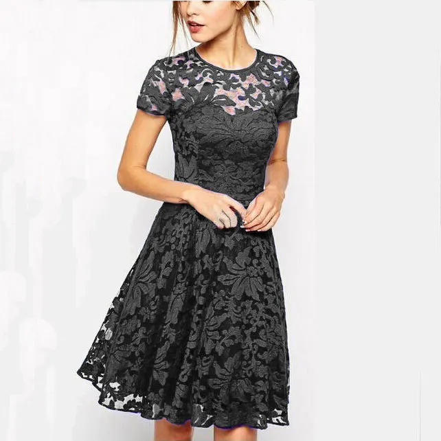 

5XL Plus Size Dress Fashion Women Elegant Sweet Hallow Out Lace Dress Sexy Party Princess Slim Summer Dresses Vestidos Red Blue