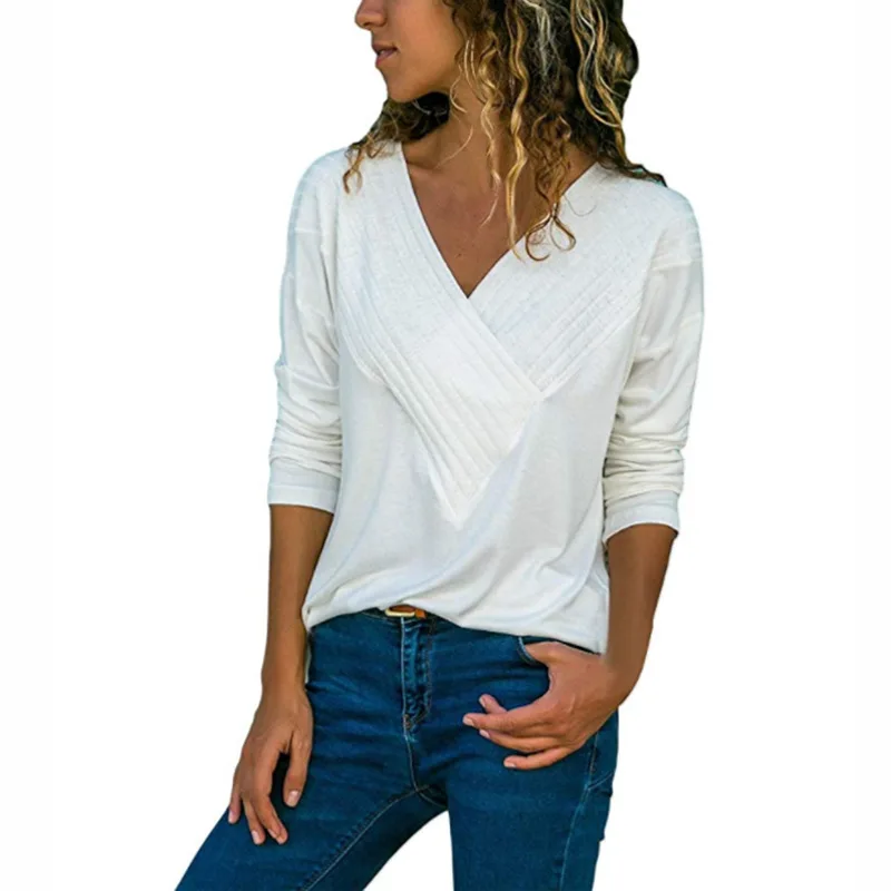 

LOSSKY Blusas Shirts Solid Casual Knitted Blouse 2018 Autumn And Winter New Fashion V-Neck Long-sleeved Women Tops Loose