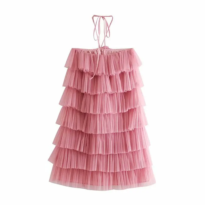 

LTD1199073 New 2019 Solid Cascade Patchwork Mesh Halter Sleeveless A-Line Stretch Bust Cake Knee Dresses Women Pullover Vestidos