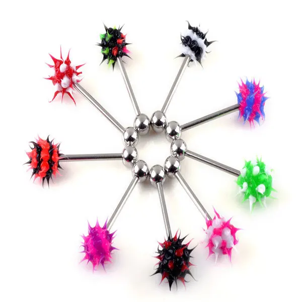 Wholesale 12Pcs/lot 316L Surgical Stainless Steel Plastic Ball Tongue Ring Acrylic Spike Tongue