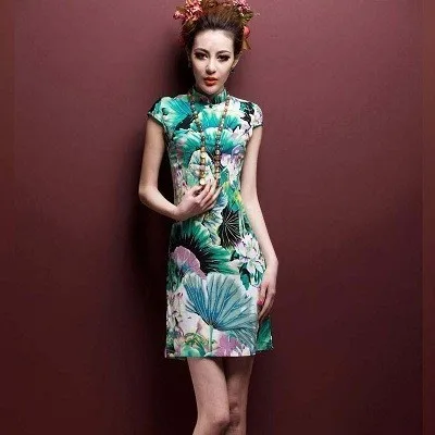 SHENG COCO растягивающиеся короткие платья высокого качества из льна и хлопка Cheongsam 4XL 5XL Печать Тонкий и светильник ChiPao китайский Шанхай - Цвет: purple Lotus qi pao