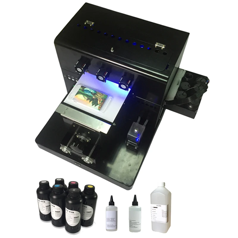 A4 Small size UV LED Flatbed Printer with a set of UV ink and cleaning liquid for Phone Case ,T-shirt wooden, leather,metal A4 Small size UV LED Flatbed Printer with a set of UV ink and cleaning liquid for Phone Case ,T-shirt wooden, leather,metal