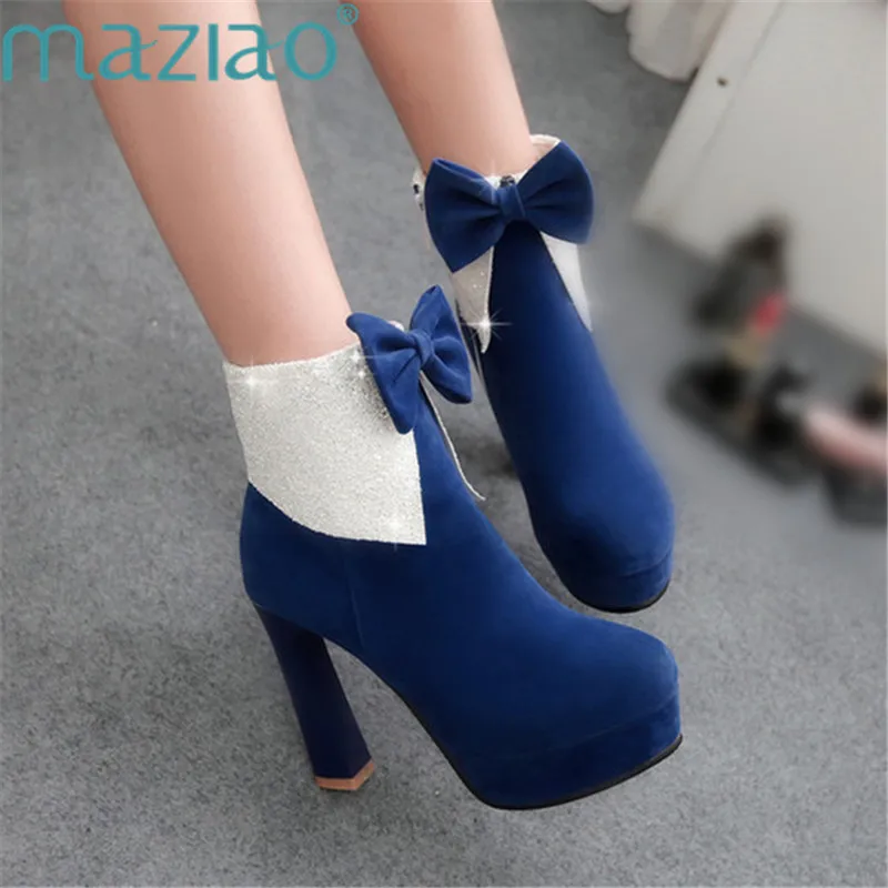 

Sequins Thick High Heels Booties Woman Platform Female Ankle Boot Side Zip Women Shoe Round Toe Butterfly-knot MAZIAO