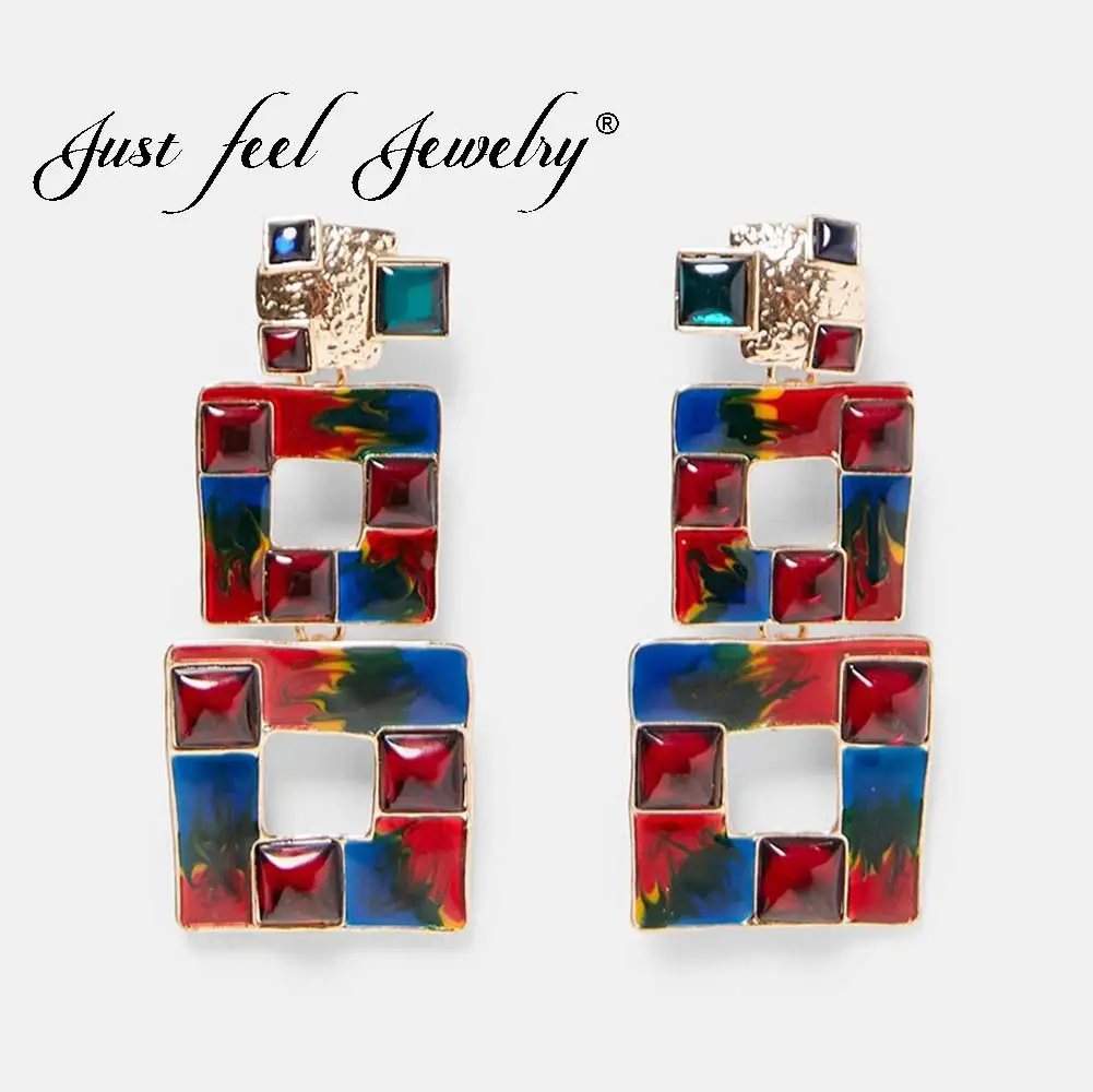 

JUST FEEL Luxury Crystal Golden Drop Earrings 2018 Fashion Crystal Resin Square za Long Dangle Earring For Women Wedding Jewelry