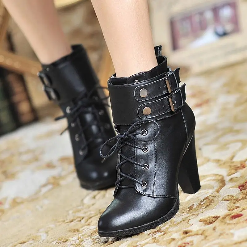 

2015 Winter Autumn New Fashion Cross Straps Double Buckle Ankle boots Solid Colors Square Heels Ankle Shoes Size 35-39 R995