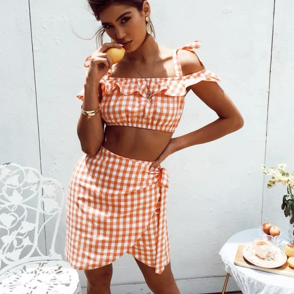

Bohemian New 2019 Women's Set Orange Plaid Strap Top + Mini Skirt 2 Pieces Set For Holiday Ruffles Lace Up Vestidos S84890