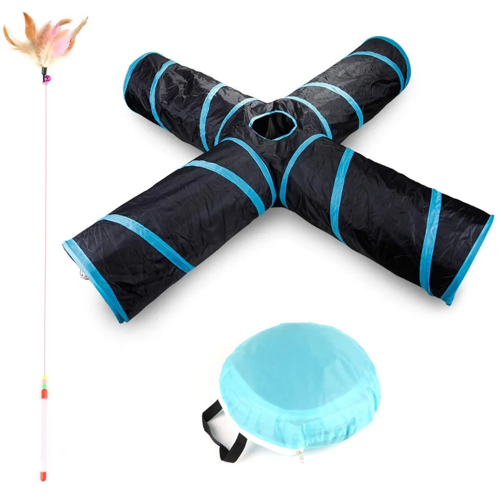 

Upgraded Cat Tunnel Toy 4 Way Collapsible Cat Kitten Interactive Toys Set with 1PCS Cat Toys Feather Wand for Indoor Outdoor Use