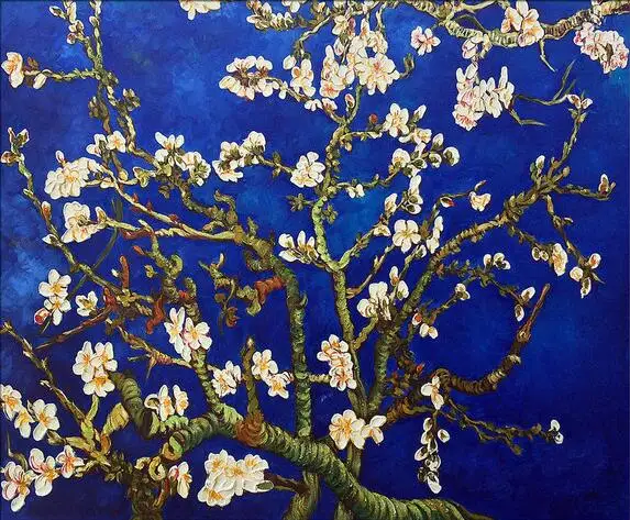 

Free Shipping Modern Blossom Tree Oil Painting on Canvas Handmade Blue Background Flower Van Gogh Landscape Wall Artwork
