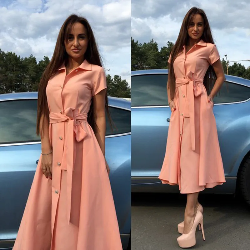 

Summer women dress 2019 belt sexy split short sleeve single-breasted solid color female shirt dress women sundress vestidos