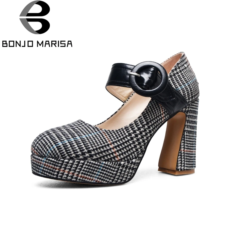 

BONJOMARISA Karinluna 2018 Big Size 33-43 Spring Shoes Woman Pumps Fashion Platform High Heels Party Lattice Women Shoes