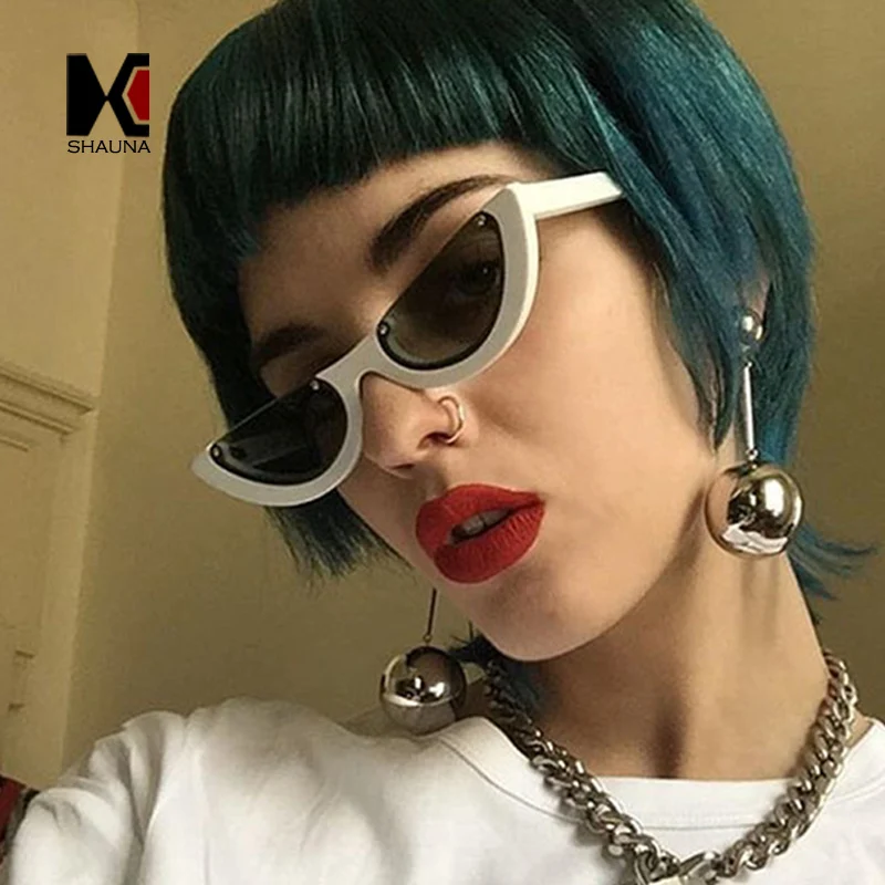 

SHAUNA Unique Half Frame Women Cat Eye Sunglasses Brand Designer Fashion Ladies Pink Tint/Clear Lens Shades