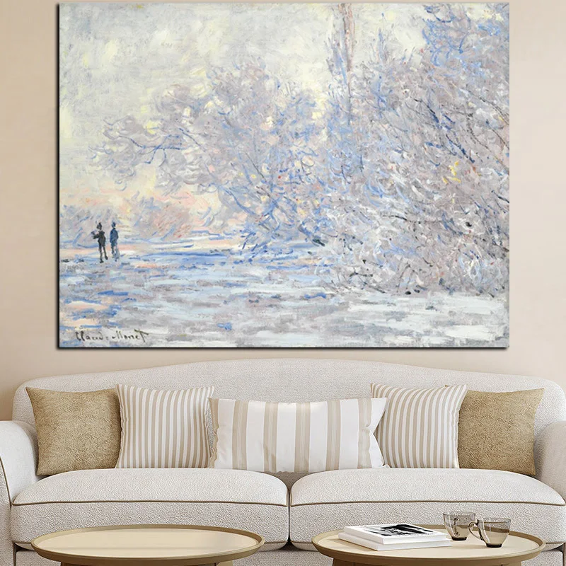 Print White Modern Claude Monet Impressionist Snow Landscape Oil Painting on Canvas Pop Art Wall Picture Poster for Living Room