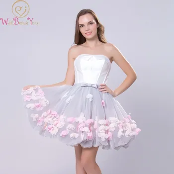 White-Gray Evening Dresses 2020 Colorful Flower Short Ball Gown Strapless Satin Tulle Sweet Party Formal Prom Gowns Banquet Robe White-Gray Evening Dresses 2020 Colorful Flower Short Ball Gown Strapless Satin Tulle Sweet Party Formal Prom Gowns Banquet Robe