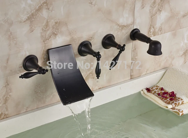 New Bathroom Luxury Wall Mounted Oil Rubbed Bronze Waterfall Bathtub New Bathroom Luxury Wall Mounted Oil Rubbed Bronze Waterfall Bathtub Faucet 5pcs With Hand Shower Mixed