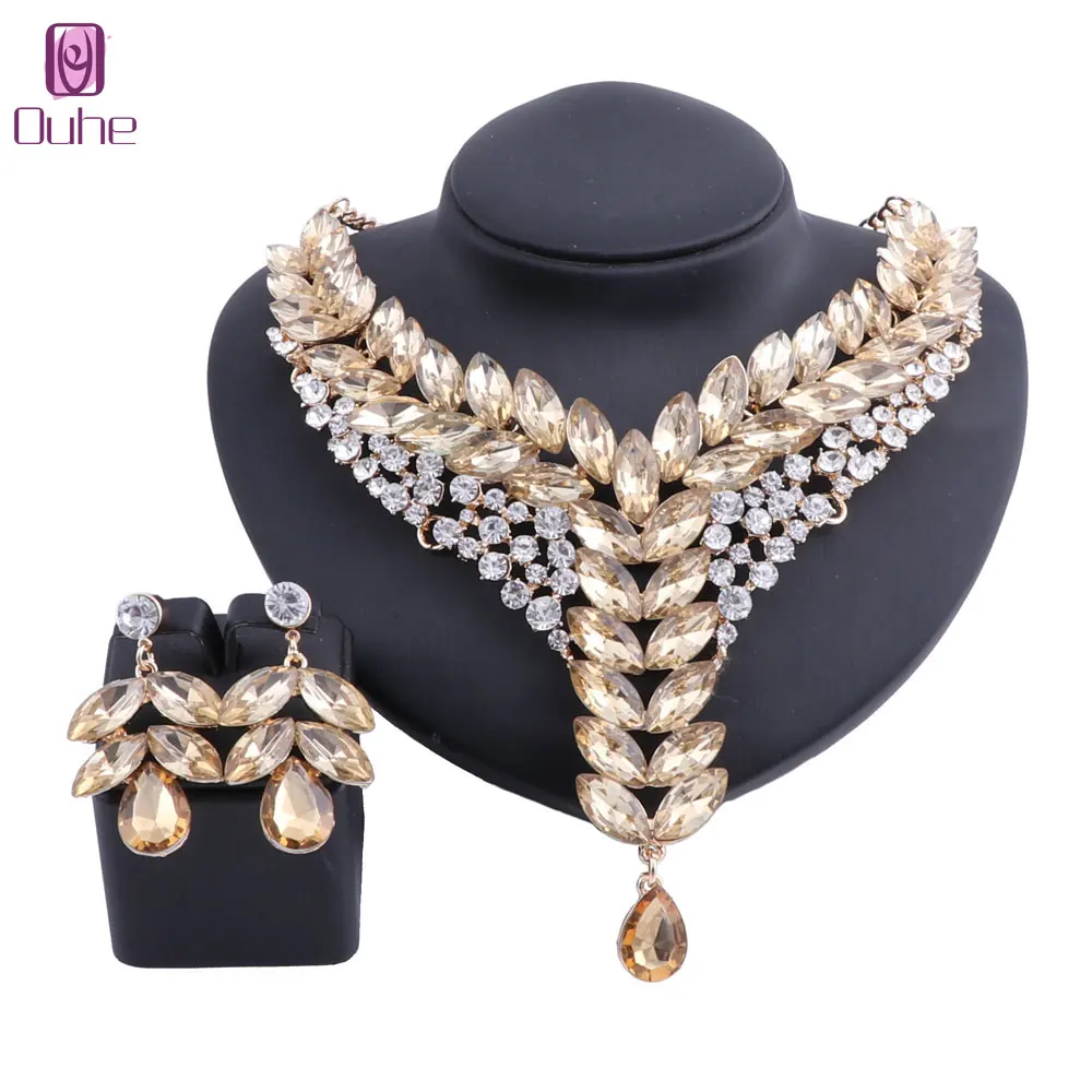 Women Champagne Crystal Wedding Bride Party Costume Accessories Bridal Necklace Earring Jewelry Sets | Украшения и аксессуары